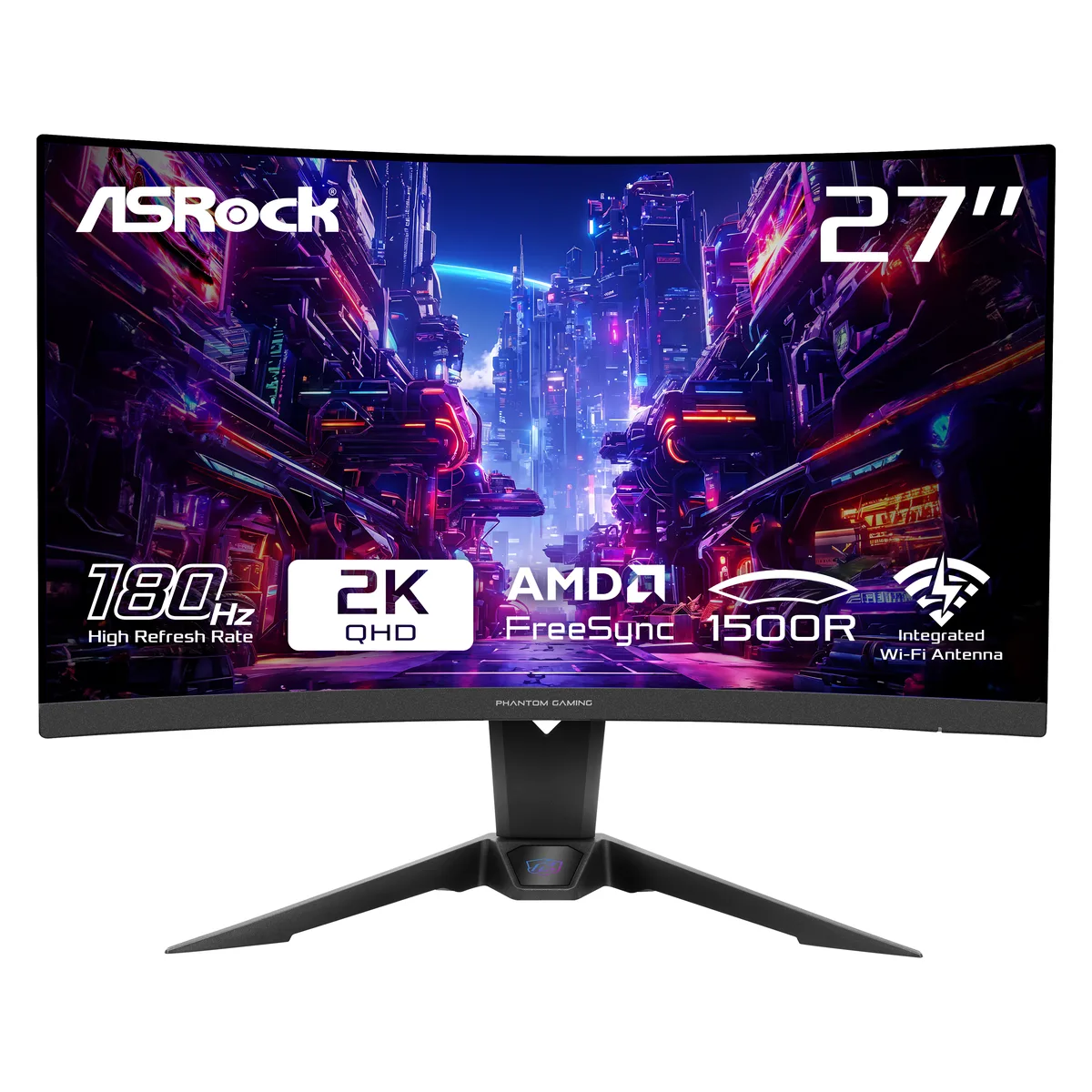 27 inch curved black monitor with frameless bezels and adjustable stand