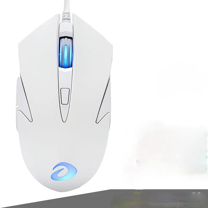 White wired gaming mouse with ergonomic shape and scroll wheel