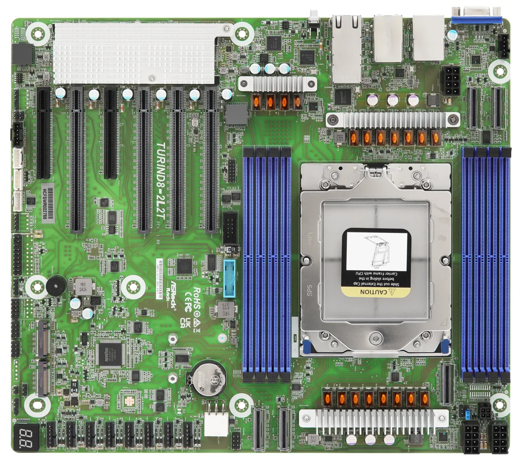 Green CEB server motherboard with large SP5 socket, eight DDR5 slots, multiple PCIe x16 and x8 slots, dual 10GbE RJ45 ports