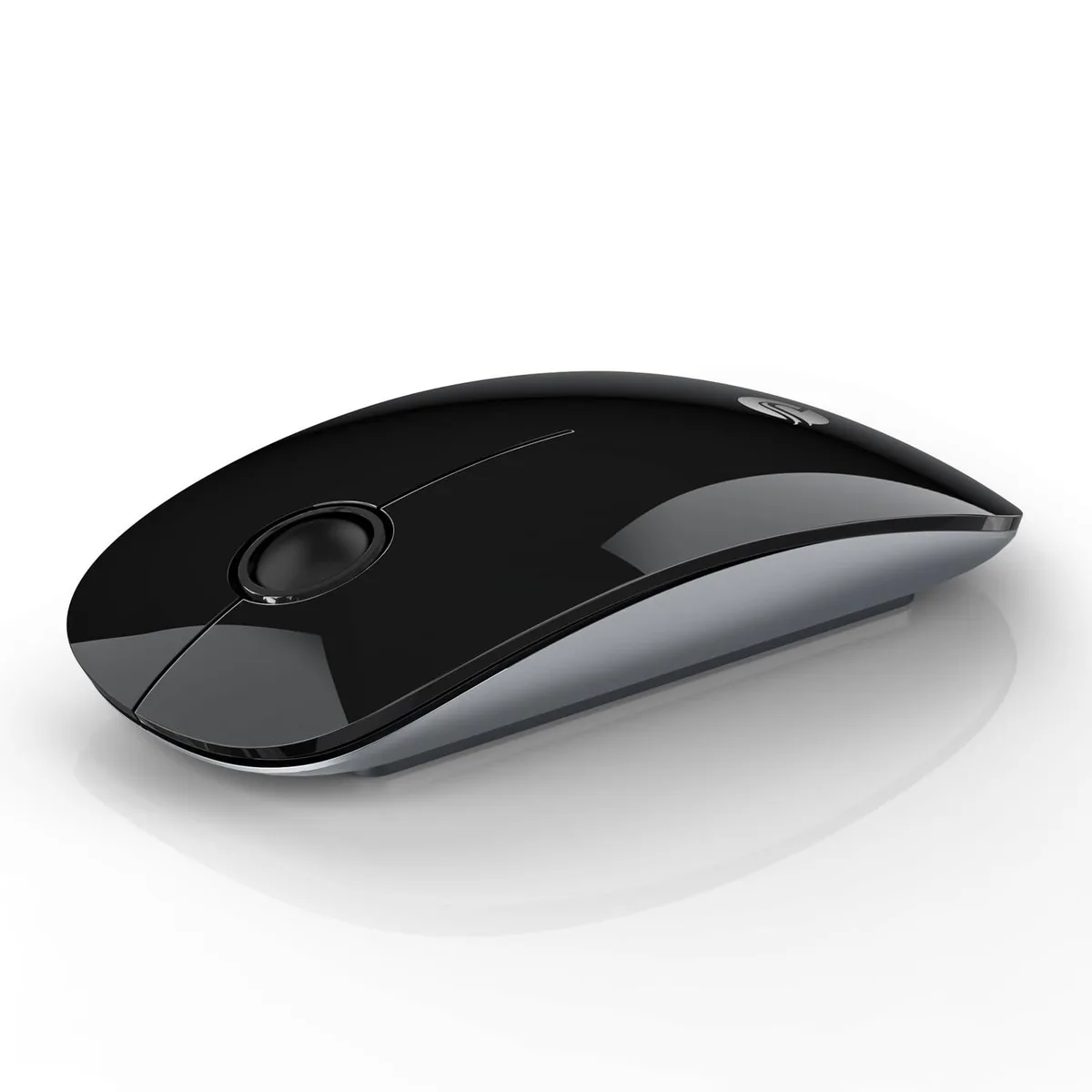 Black ergonomic wireless mouse with silent buttons and scroll wheel, ambidextrous shape, 55g weight