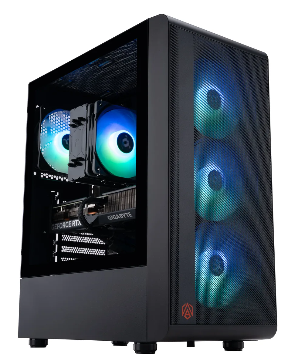 Black ATX tower with tempered glass side panel and RGB-lit interior components visible