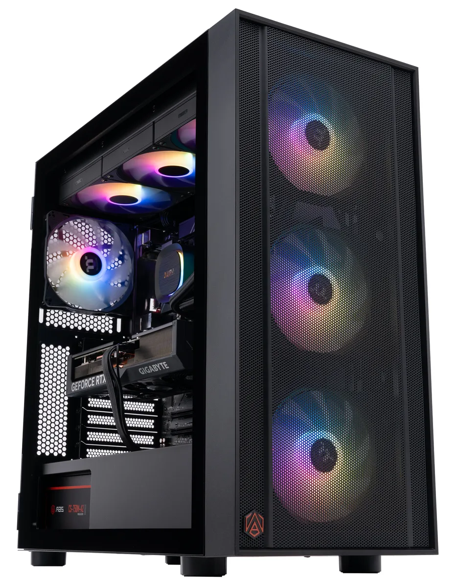 Black tower PC with RGB liquid cooler and graphics card visible through glass side panel
