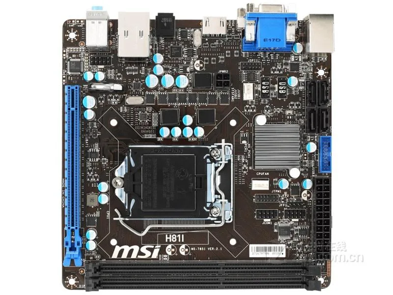 Compact green Mini-ITX board, silver LGA 1150 socket, black PCIe x16 slot, blue SATA ports, rear I/O panel with USB 3.0 and LAN