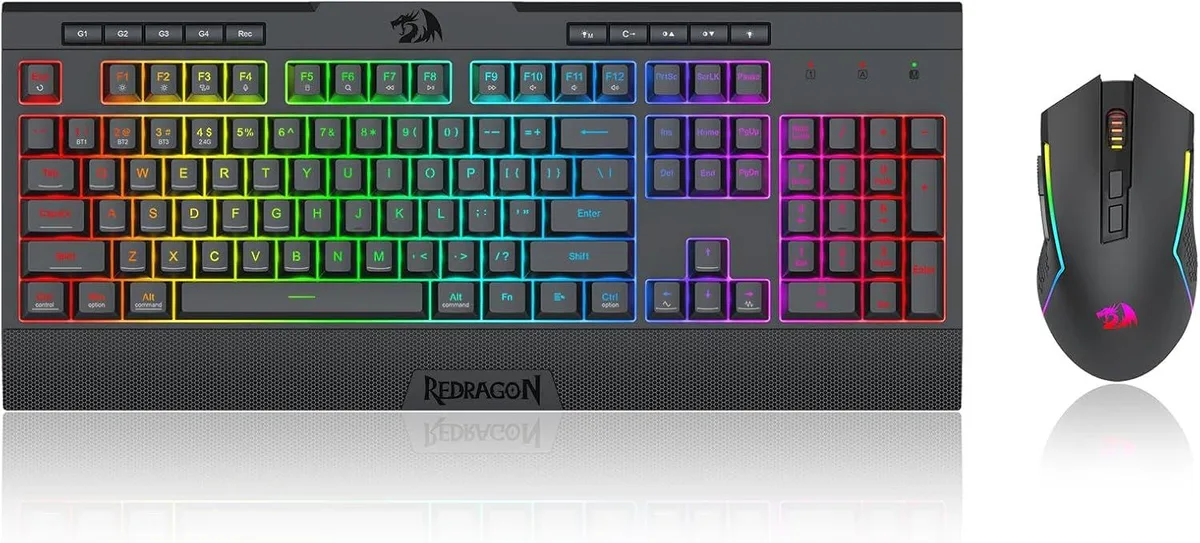 Full-size black keyboard with RGB lighting and matching ergonomic mouse