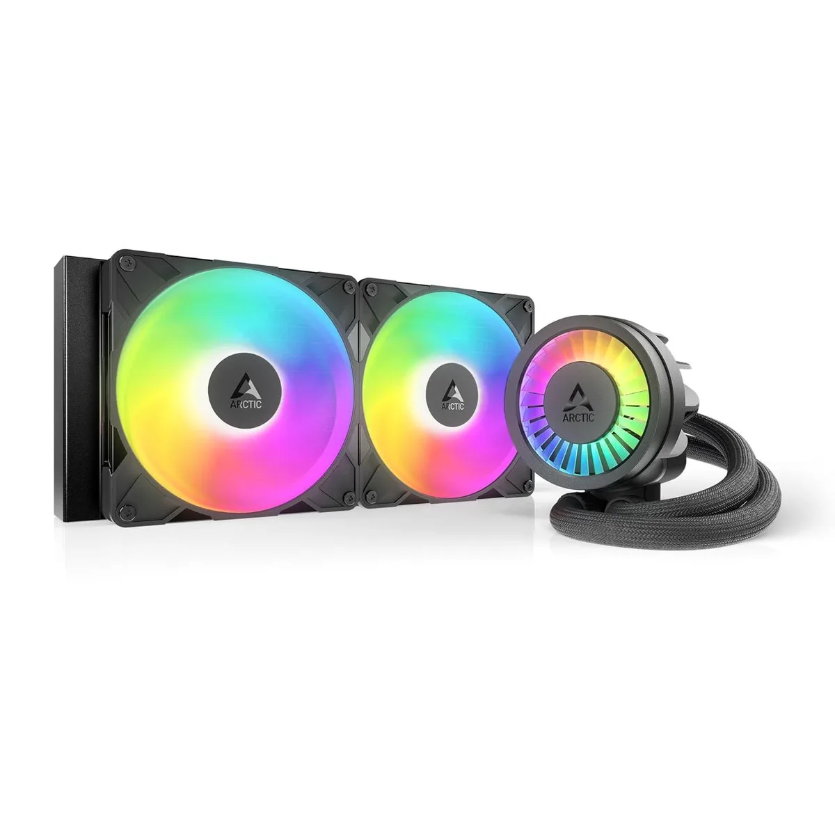 Black 280 mm radiator with two 140 mm A-RGB fans and integrated VRM fan