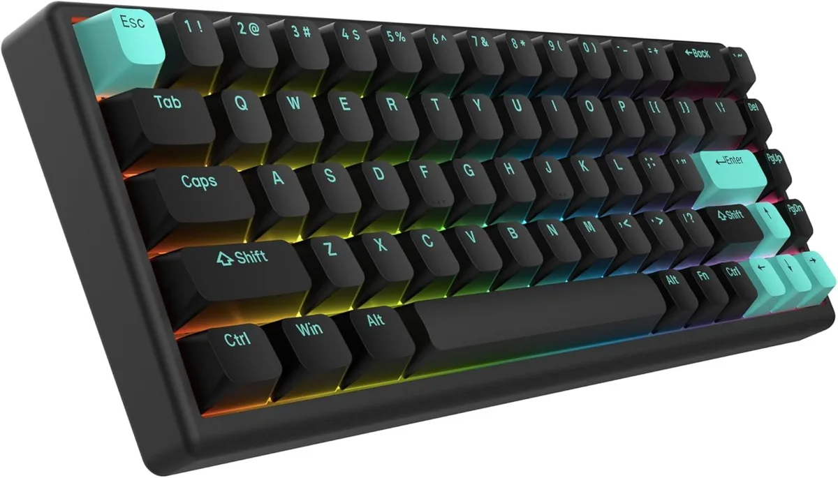 Compact mint keyboard with silver aluminum frame and braided cable