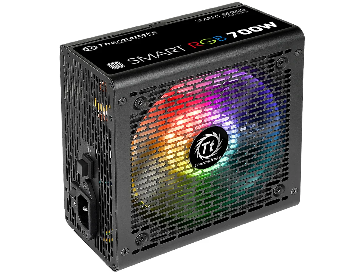 Rectangular black ATX power supply with a 120mm RGB fan and fixed cables