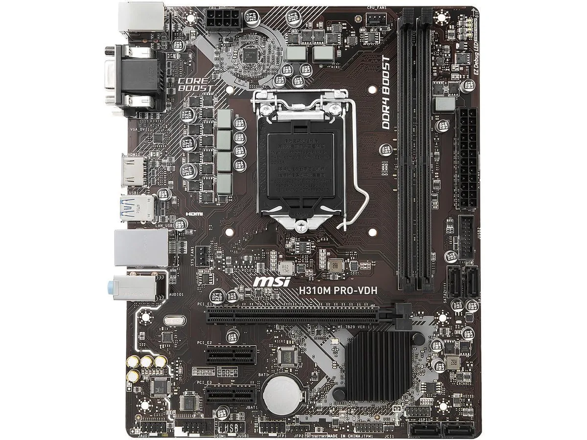 Green micro-ATX motherboard with black slots, silver heatsink and rear I/O shield