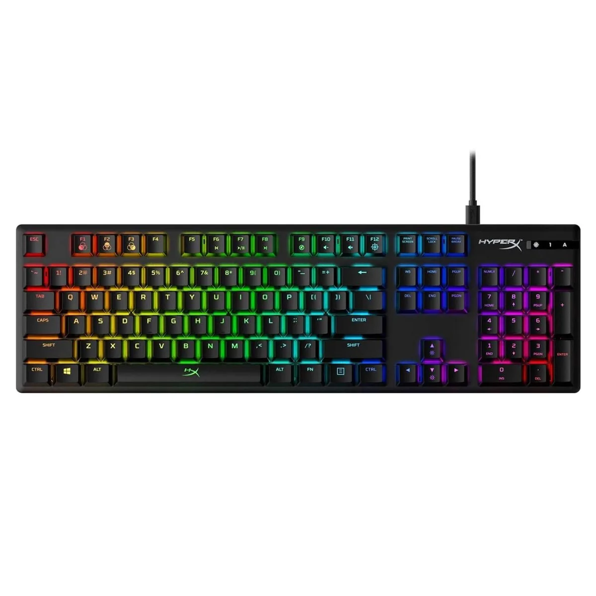 Full-size black mechanical keyboard with RGB backlighting and braided USB-C cable