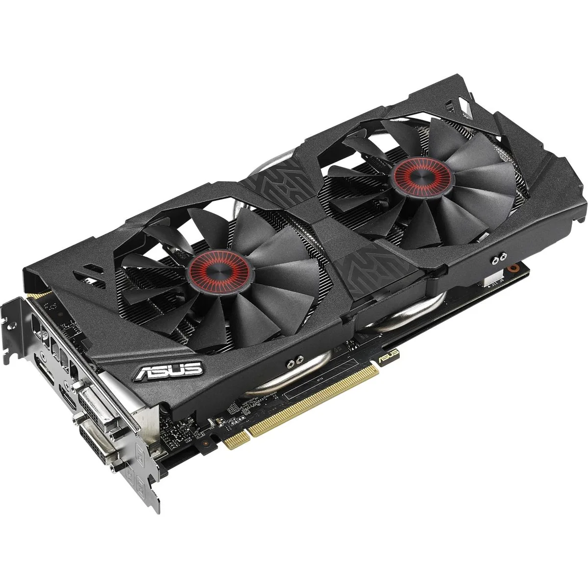 ASUS Strix GTX 970 dual-slot graphics card with three fans and metal backplate
