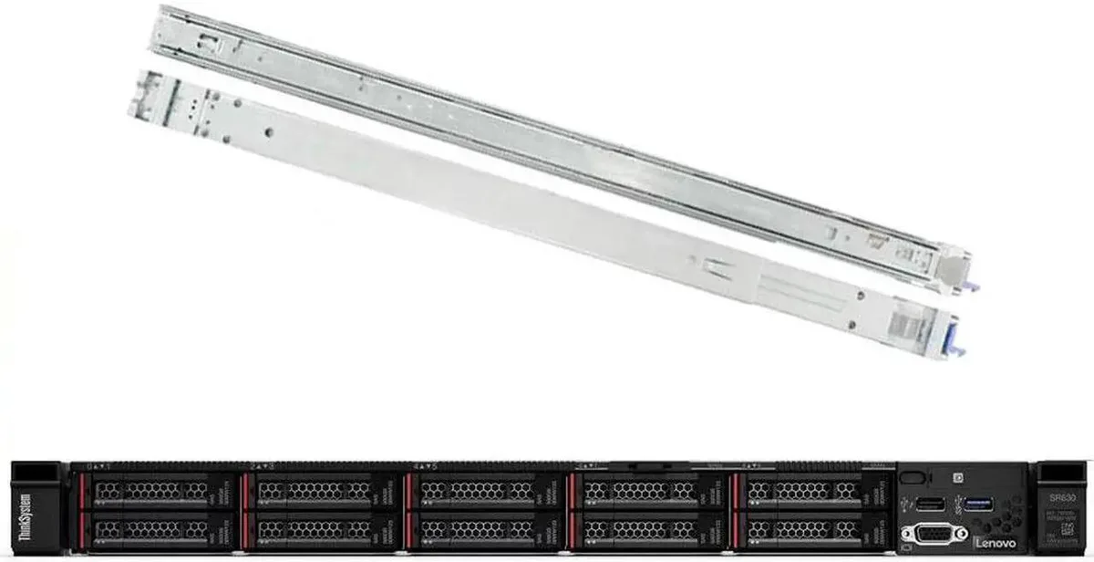 Silver rectangular 1U rack server with front drive bays and rail kit
