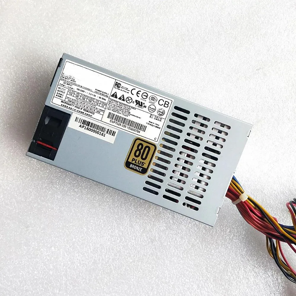 Silver 1U flex ATX power supply unit with rear fan grille and cable bundle