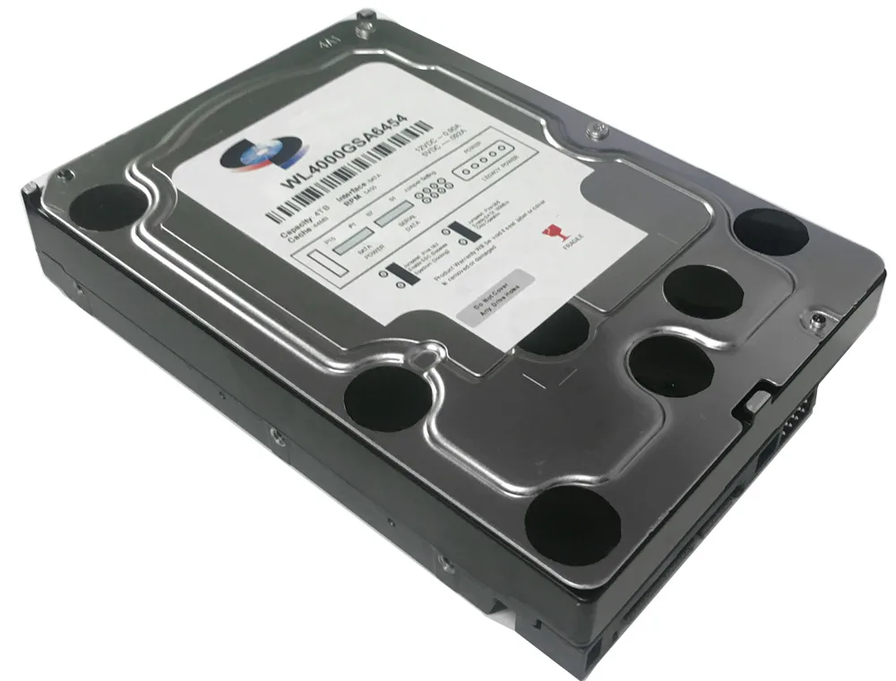 Bare 3.5 inch SATA hard drive with silver metal casing and circuit board visible