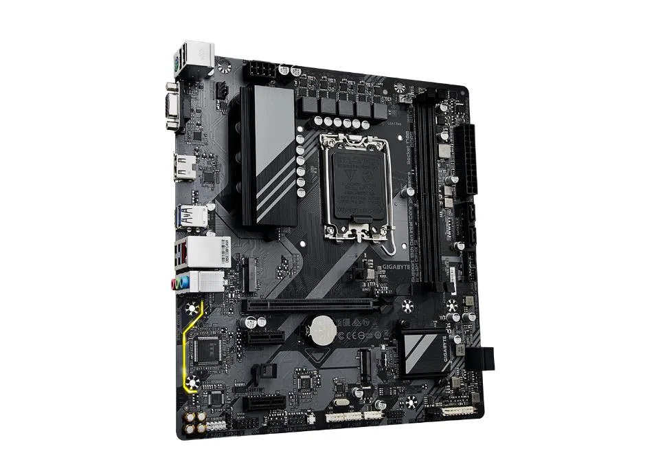 Micro-ATX motherboard in black and silver with two DDR5 slots and a metal-reinforced PCIe slot