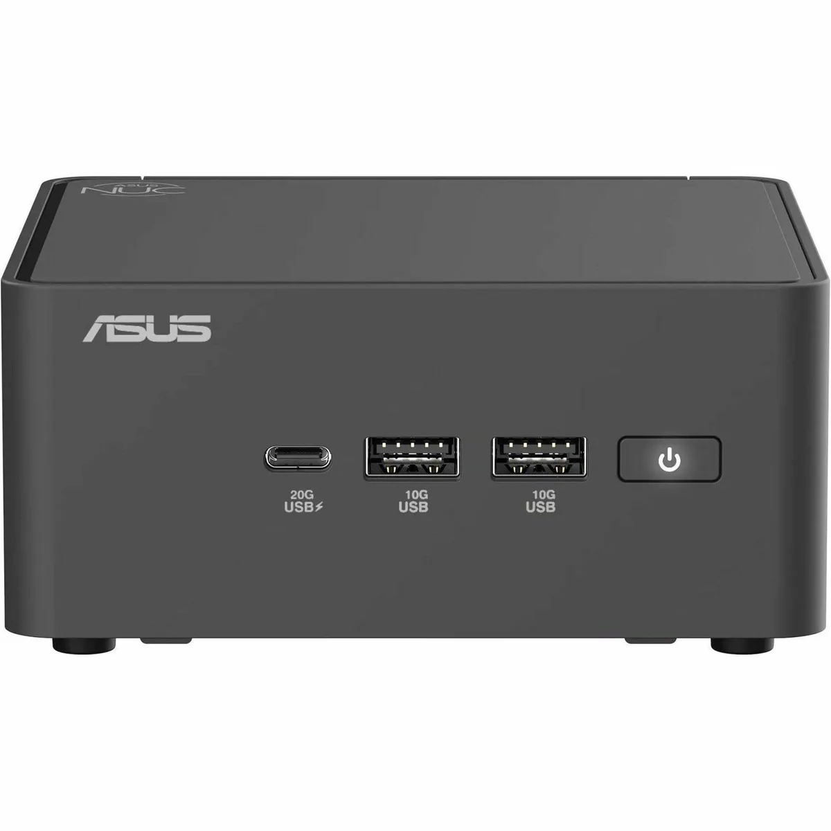 Tall black mini PC barebone, compact square chassis with front USB-C and Type-A ports