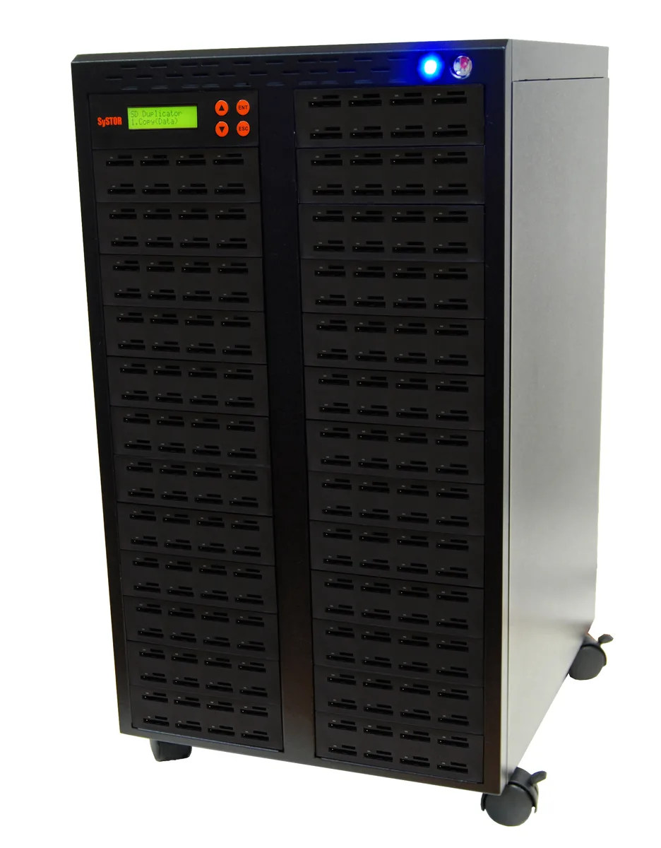 Black standalone SD/microSD duplicator with LCD screen and 199 card slots