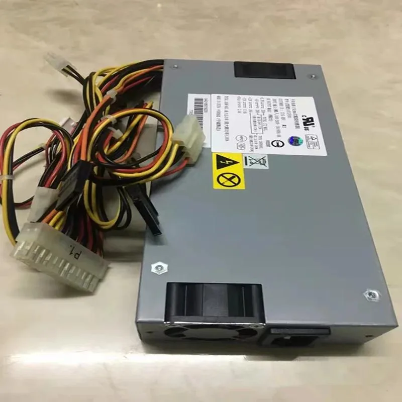 Compact 1U ATX power supply unit with matte metal casing and rear fan grille