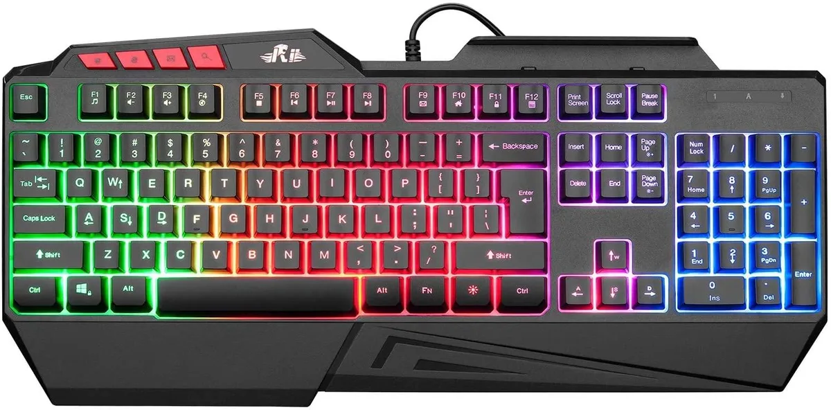 Black wired gaming keyboard with RGB backlighting, 104 keys, wrist rest, 17.3 x 7.9 x 1.2 inches