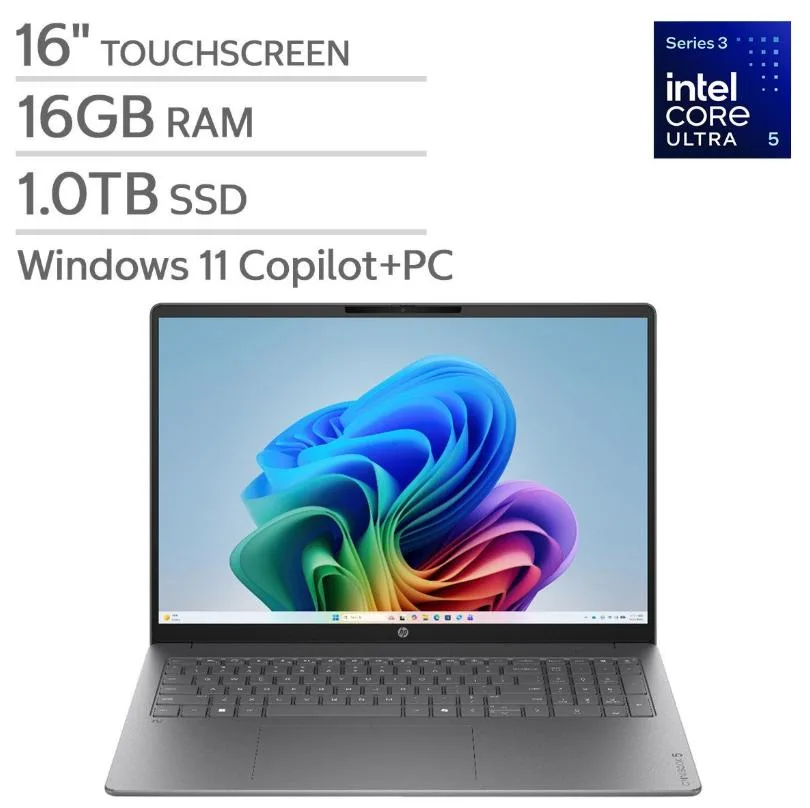 Silver 16-inch touchscreen laptop with thin bezels and backlit keyboard