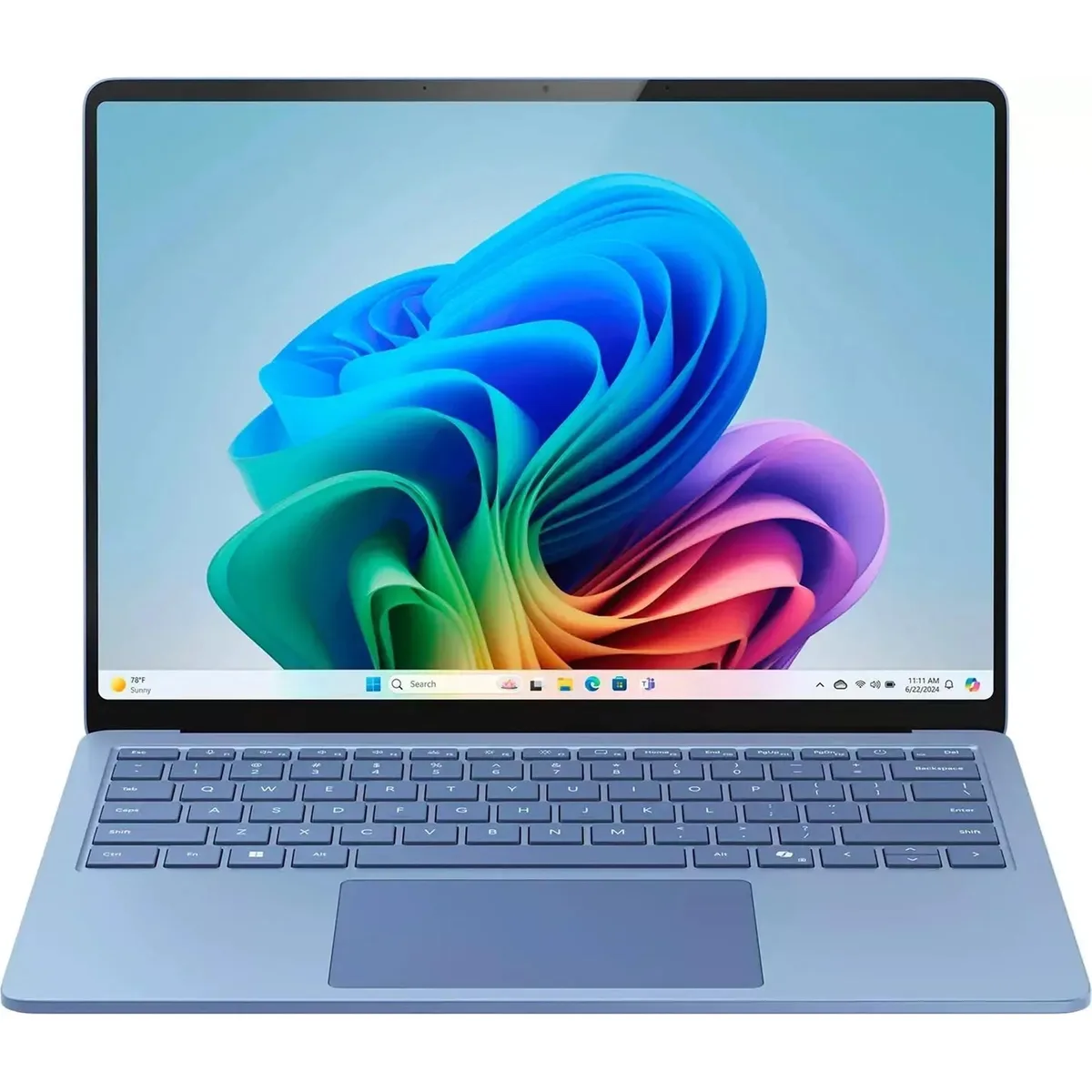 Sapphire-blue 13.8-inch touchscreen laptop, closed clamshell form, matte metal finish