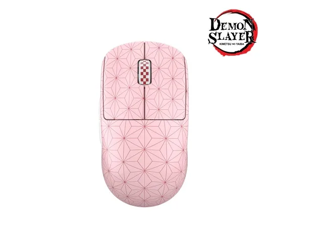 Small pink symmetrical wireless mouse with glass skates and USB-C cable