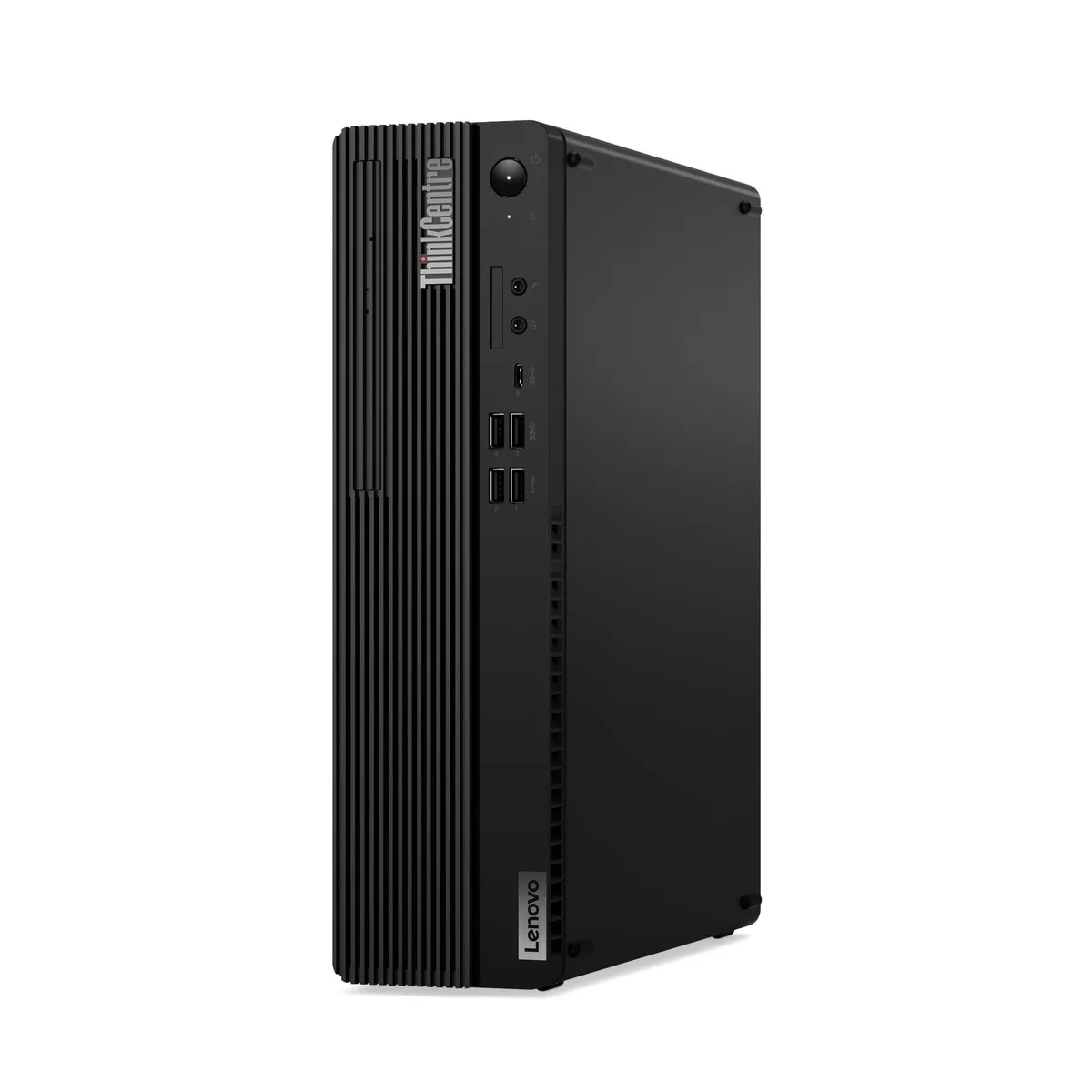 Compact black small-form-factor desktop tower with front ports and ventilation slots