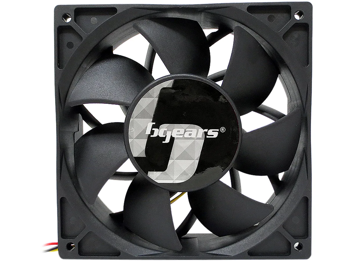 Square black 140mm case fan with thick 38mm frame and four mounting holes