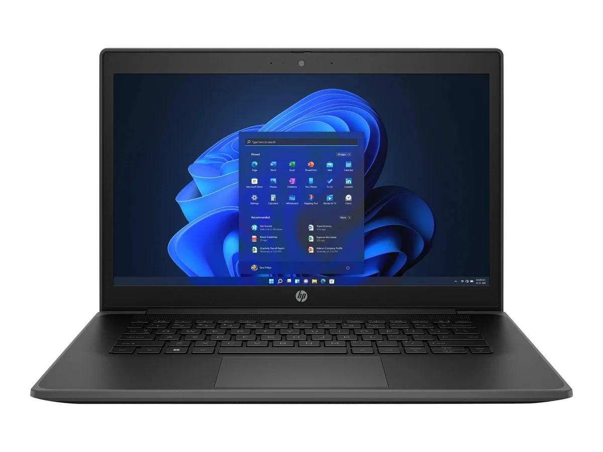 Black 14-inch laptop with minor scratches and dents, closed lid showing matte finish