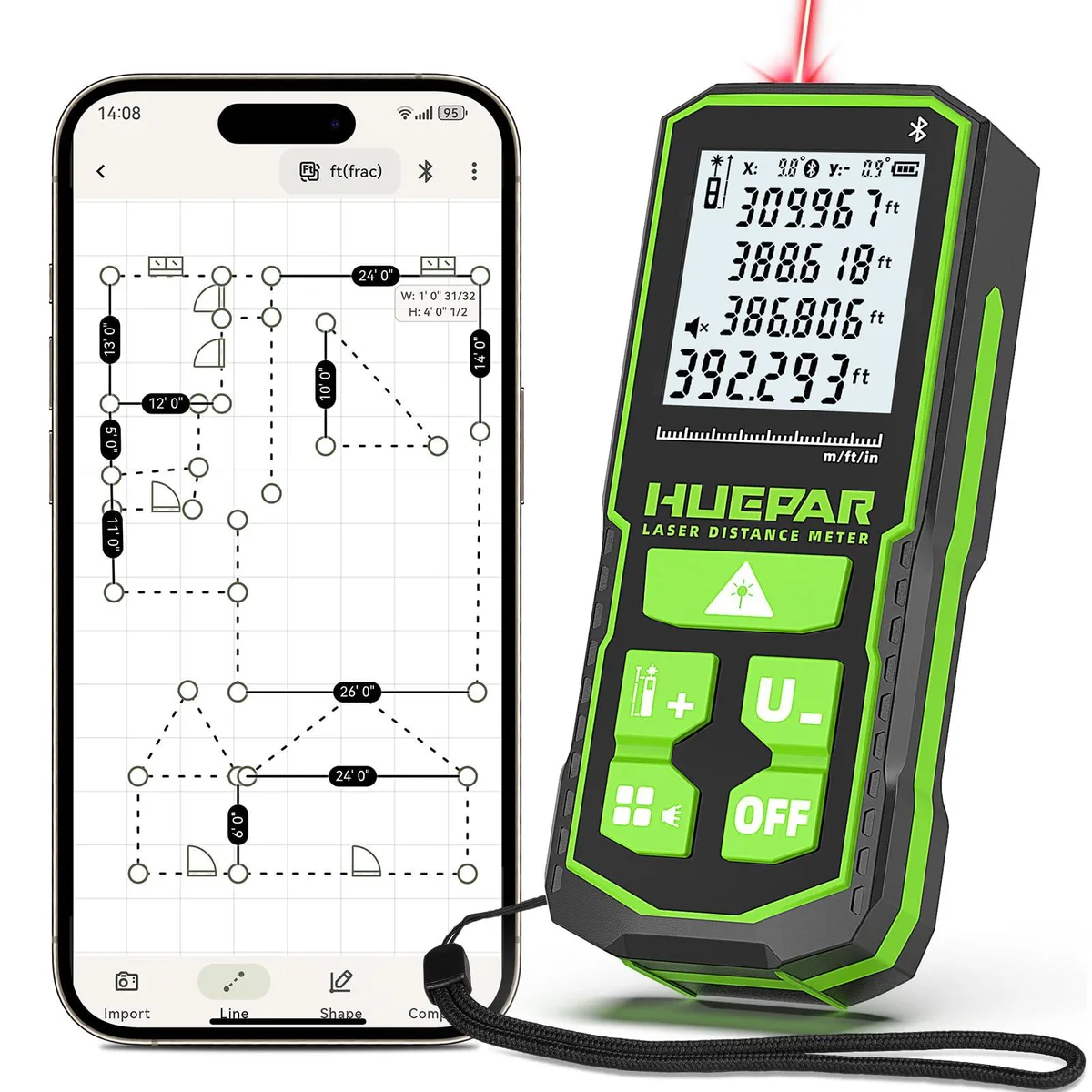  Huepar S120-US Golf Tech 395ft ±1/16in Bluetooth IP54 180g — product photo