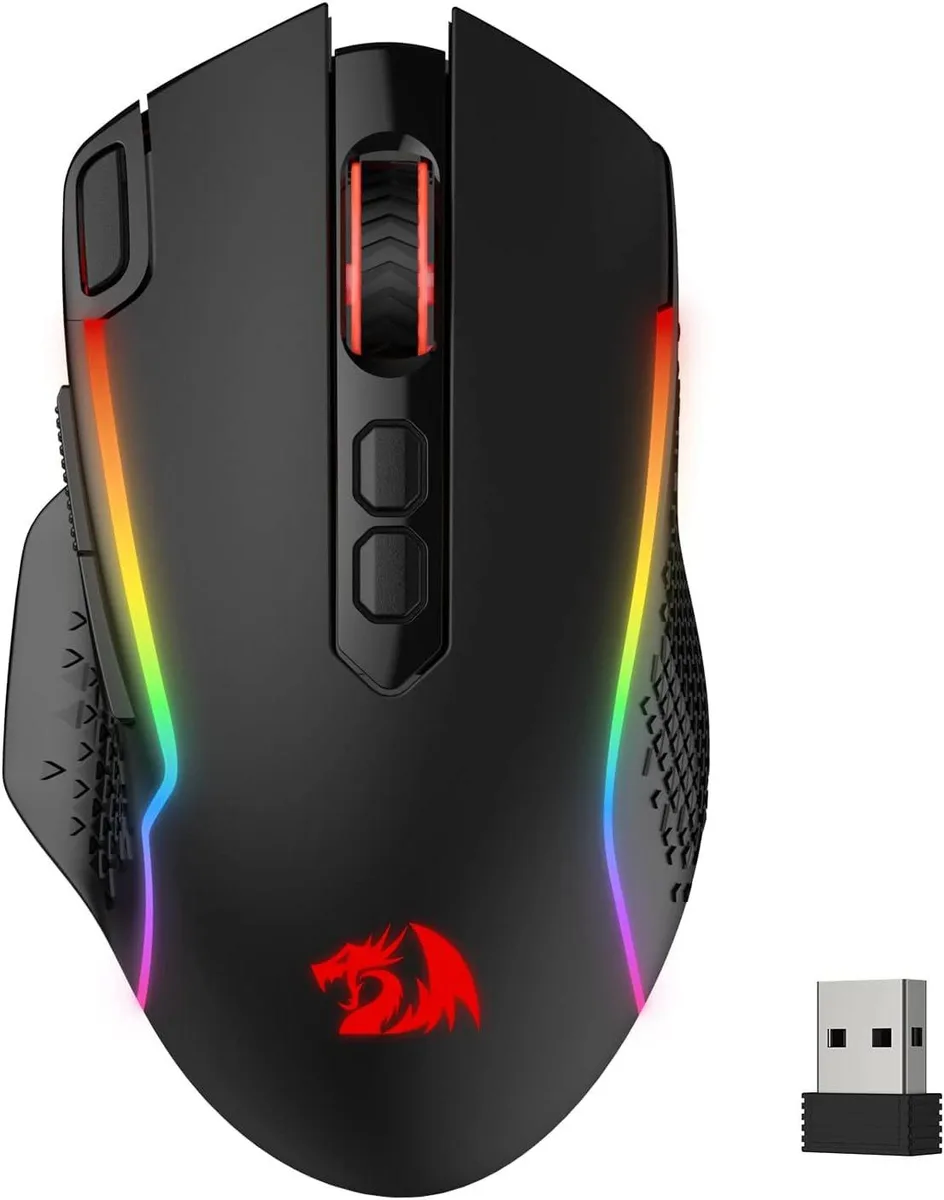 Redragon M810 Pro wireless gaming mouse with eight macro buttons and RGB lighting