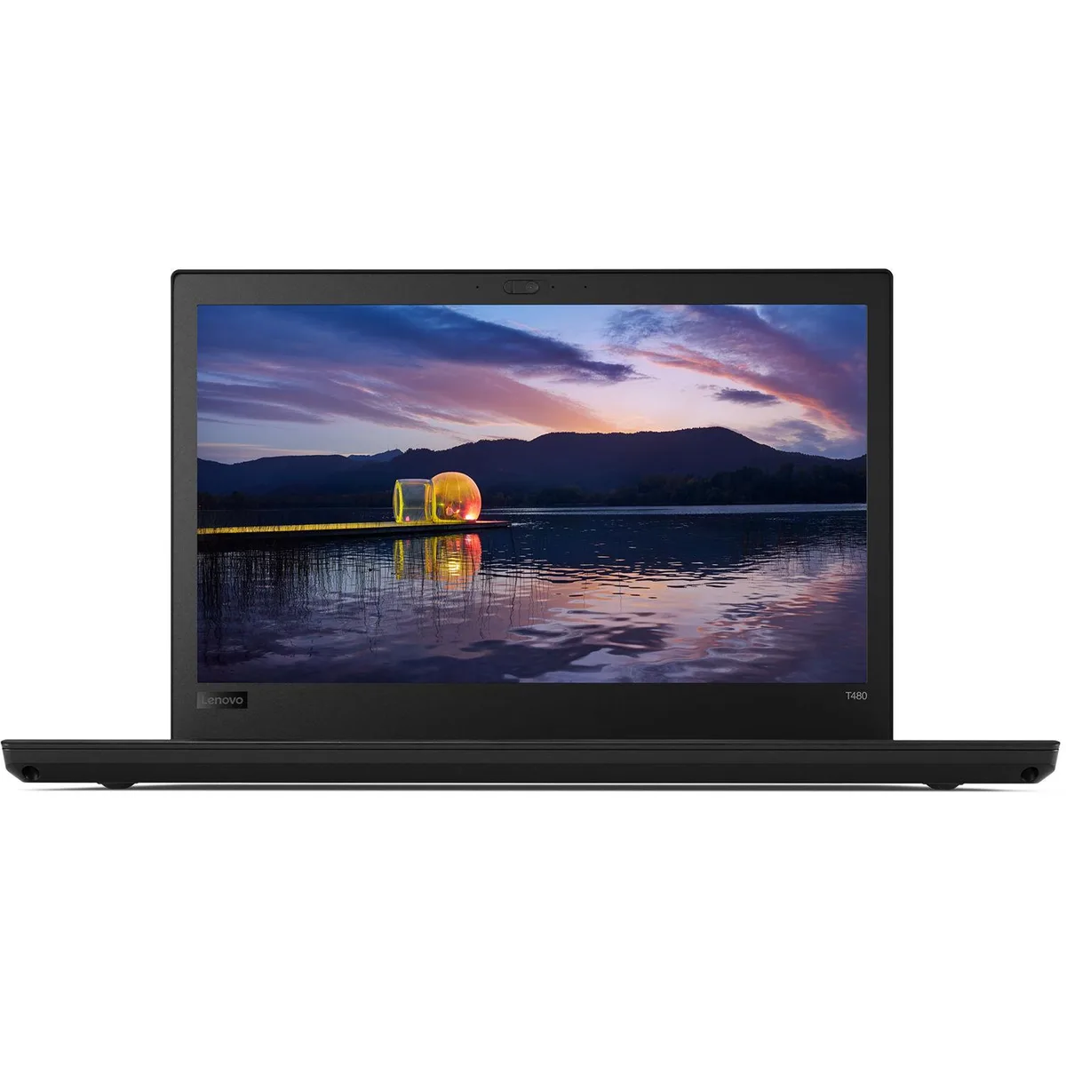 Black 14-inch ThinkPad T480 laptop closed showing matte finish and red TrackPoint nub