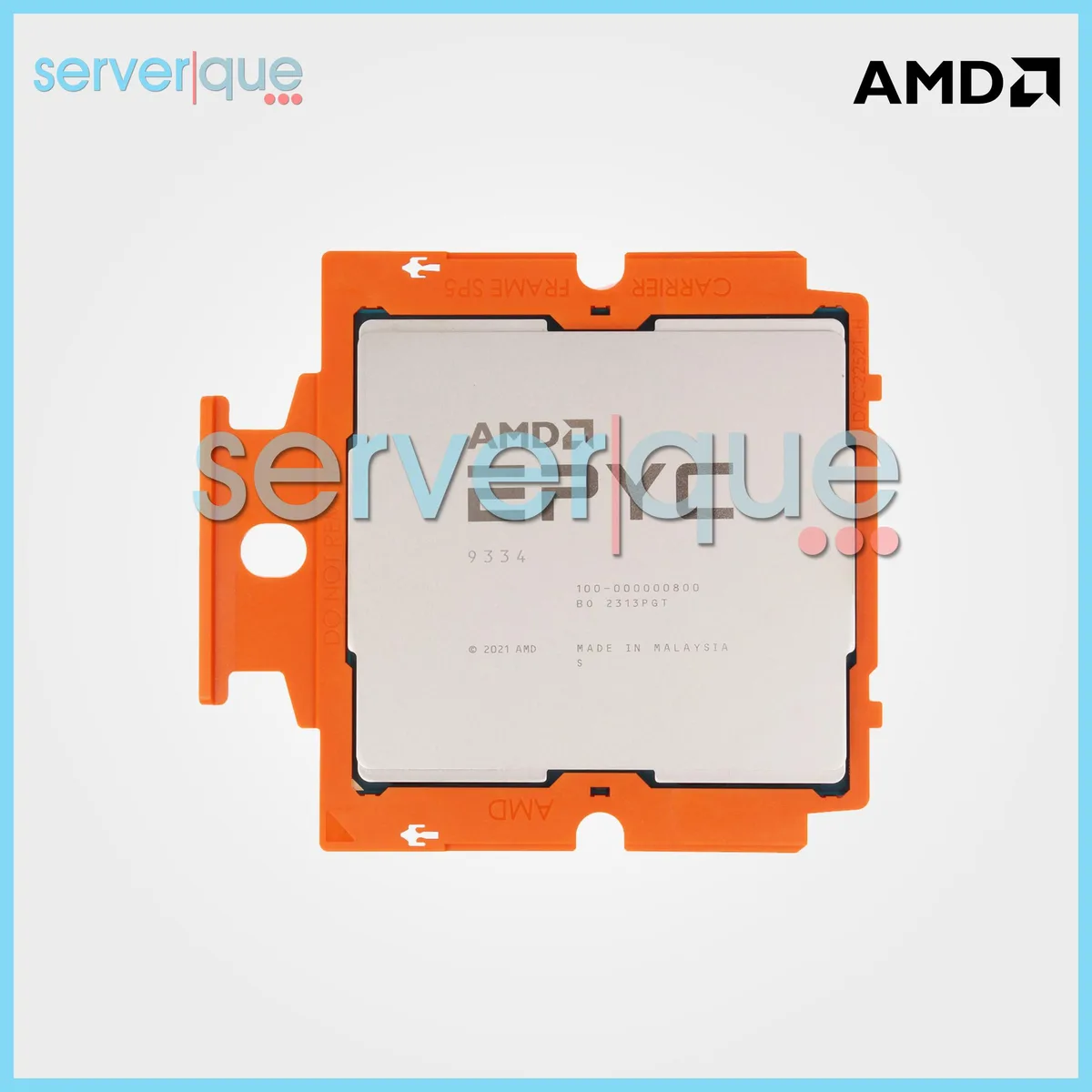 Square green ceramic server processor with gold contact pads and silver heat spreader markings