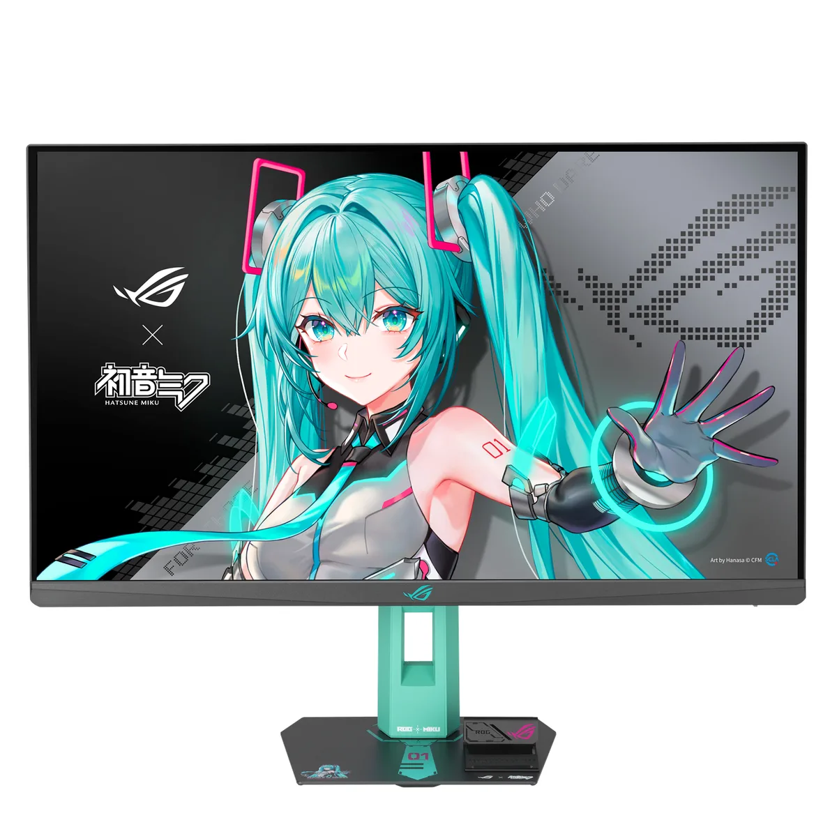 27 inch black gaming monitor with blue-green and pink Hatsune Miku accents on adjustable stand