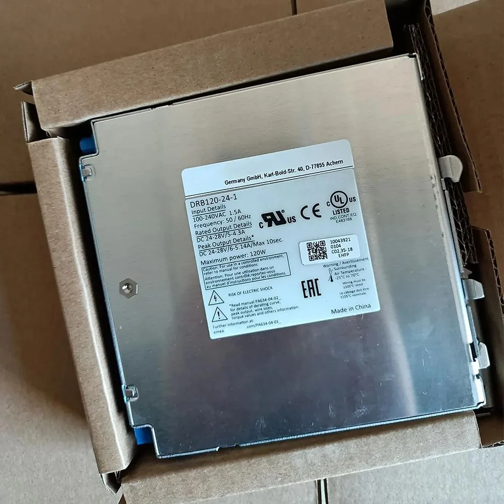 Rectangular metal ATX power supply unit with ventilation grilles