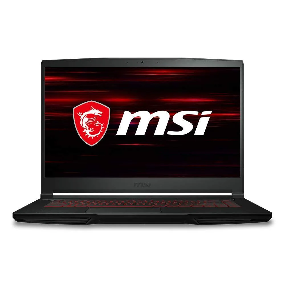 Black 15.6 inch thin gaming laptop with brushed aluminum lid and narrow bezels