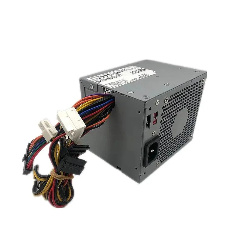 A standard ATX power supply unit with metal casing and rear fan grille