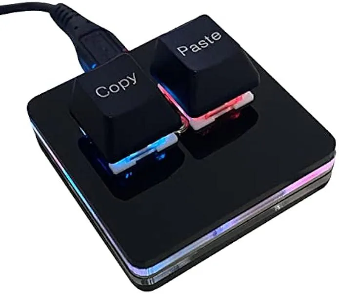 Small black two-key macro keypad with RGB backlighting and USB cable
