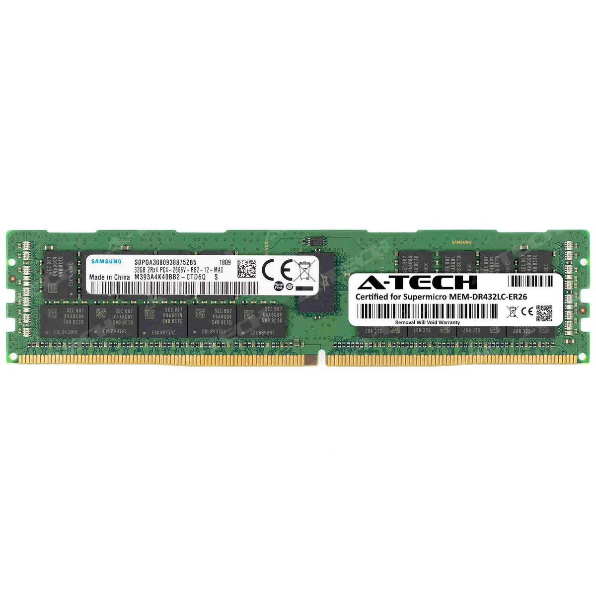 Green rectangular DDR4 RDIMM module with black memory chips and gold edge connectors