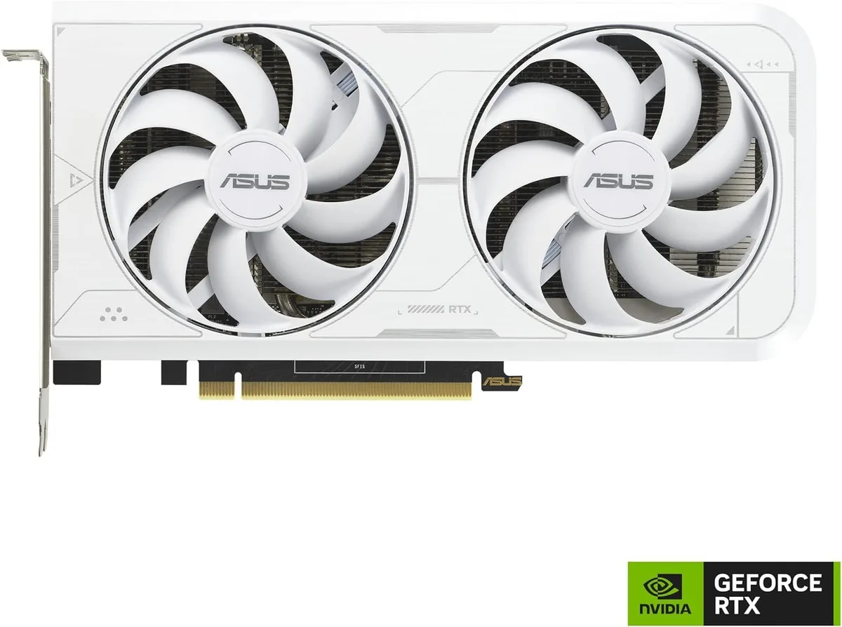 White dual-fan graphics card with silver accents