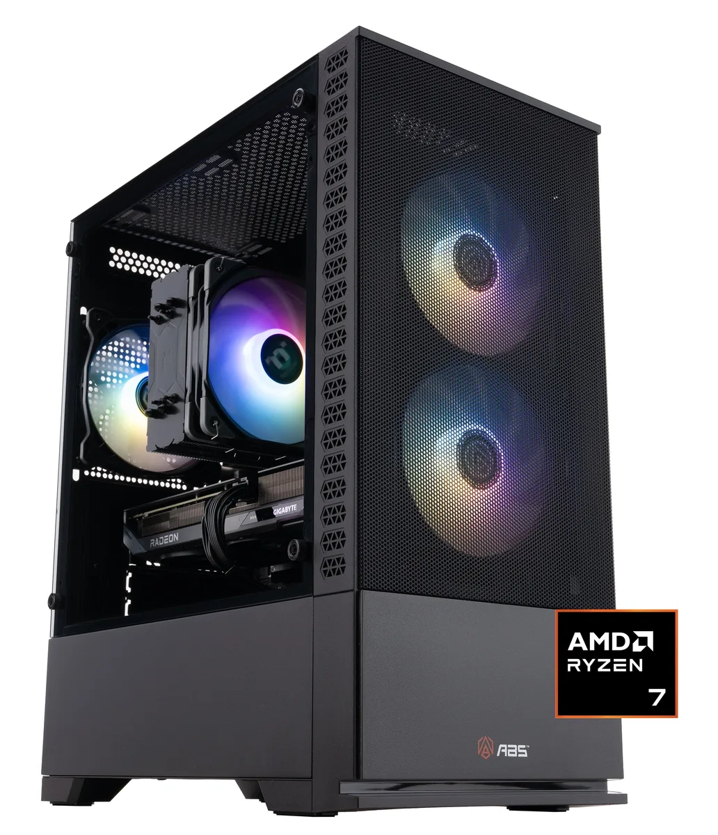 Mid-tower gaming desktop in black case with RGB lighting