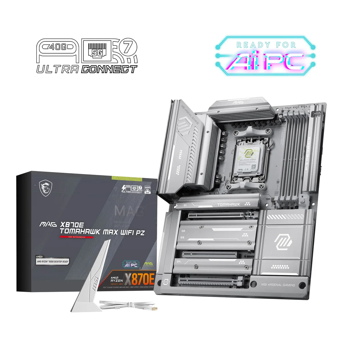 ATX motherboard with back-connect layout, black and silver heatsinks, four DDR5 slots, PCIe 5.0 x16 slot, multiple M.2 heatsinks
