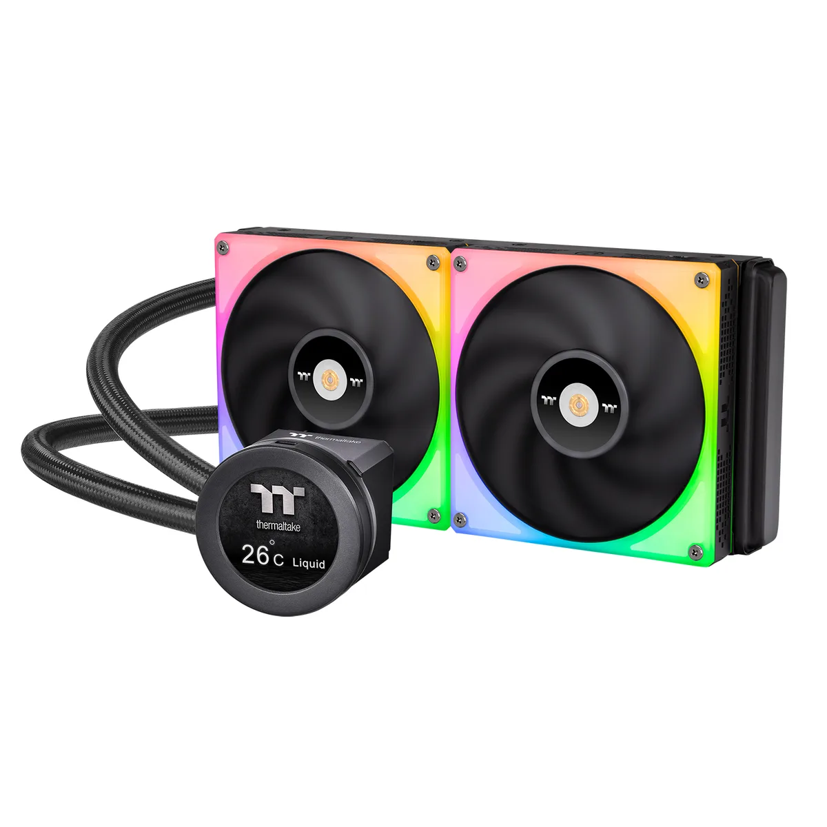 Black rectangular 280 mm radiator with two 140 mm RGB fans and a square water block featuring a 2.1 inch LCD screen