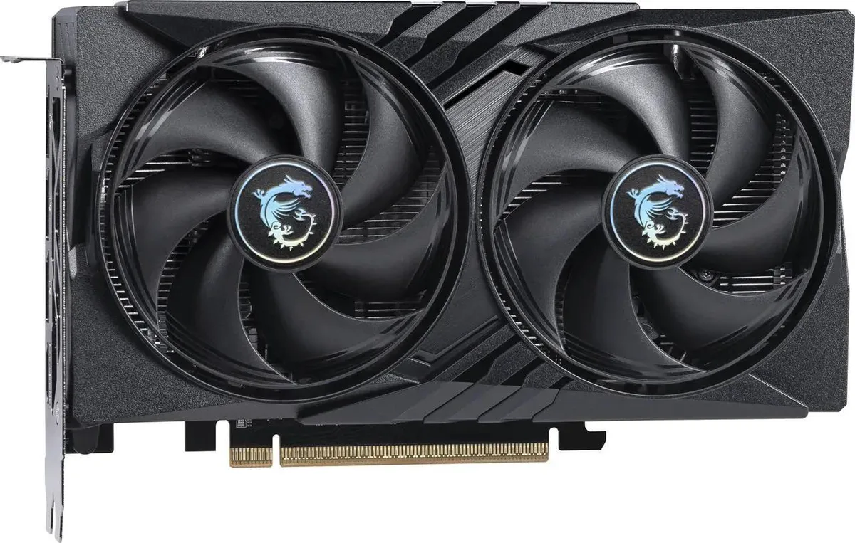 Black dual-fan graphics card with silver accents, PCIe 5.0 x16, HDMI 2.1b and three DisplayPort 2.1a outputs