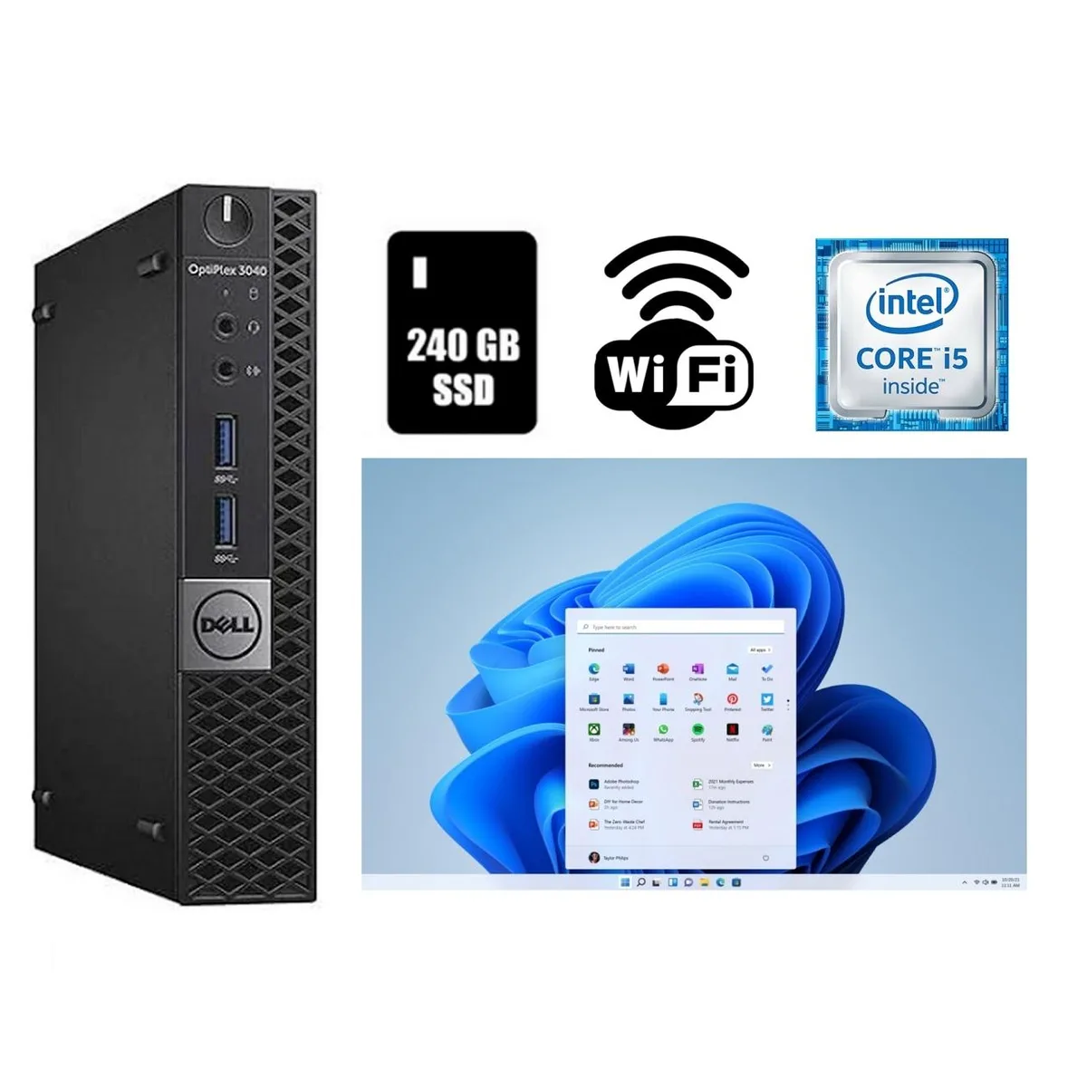 Small black micro desktop tower with power adapter and USB Wi-Fi dongle