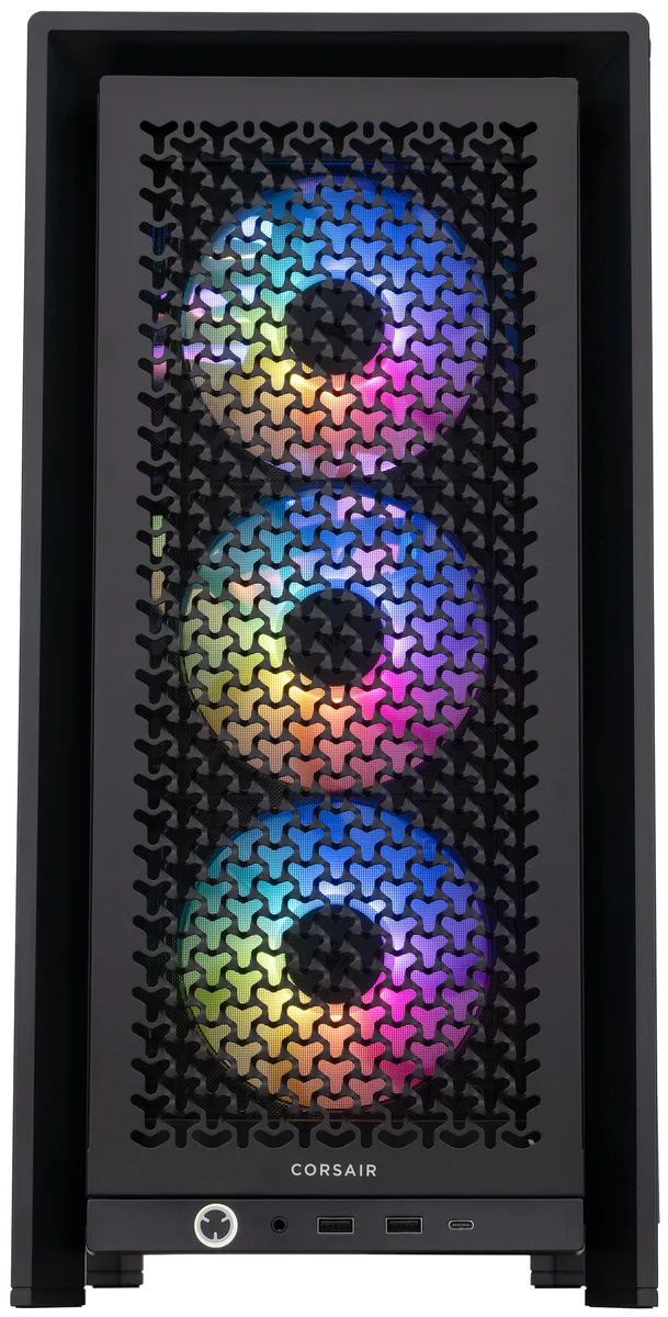 Black Corsair FRAME 4000D RS mid-tower with ABS 360AIO ARGB cooler visible through side panel