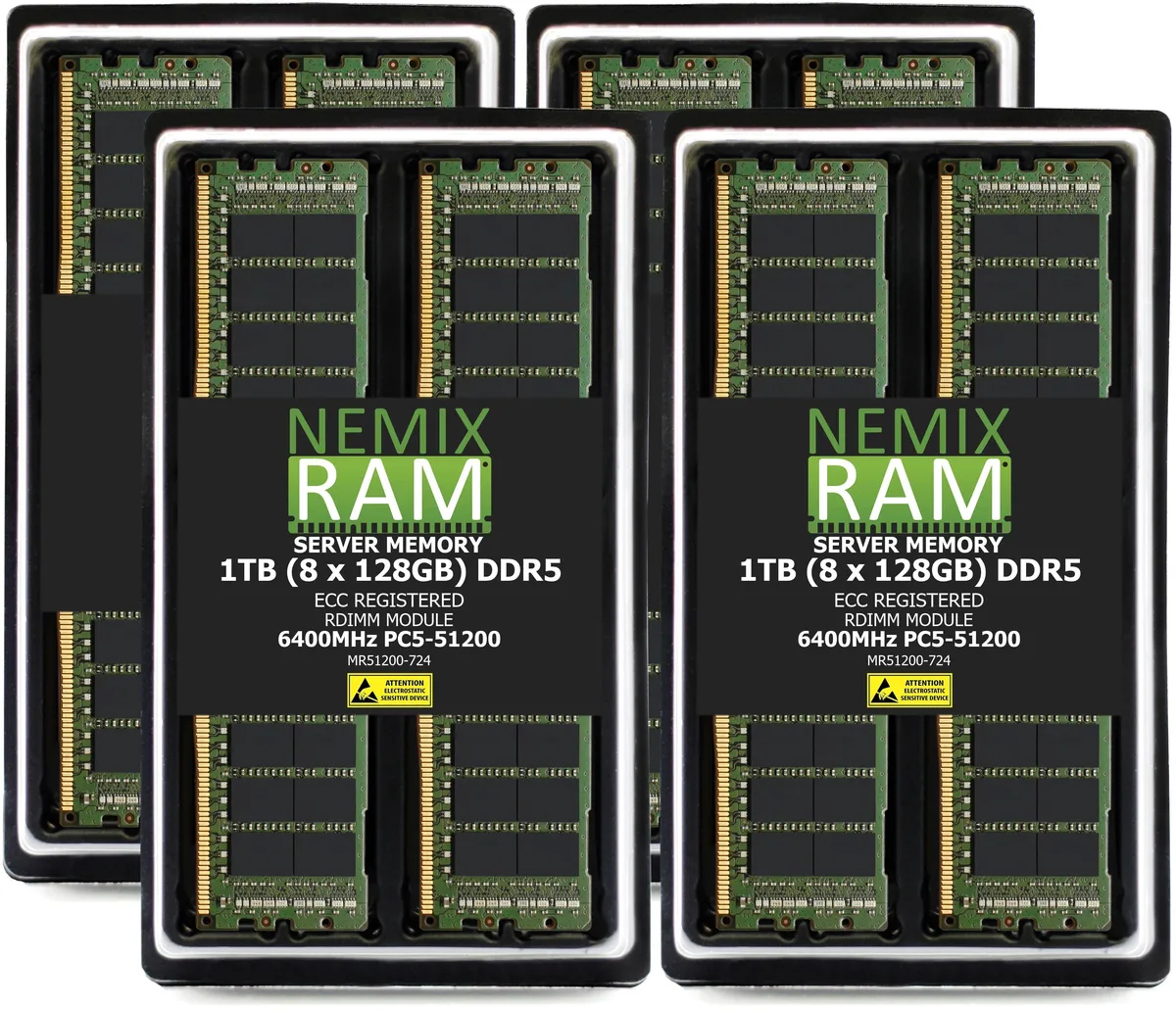 Eight green DDR5 ECC RDIMM modules in a row