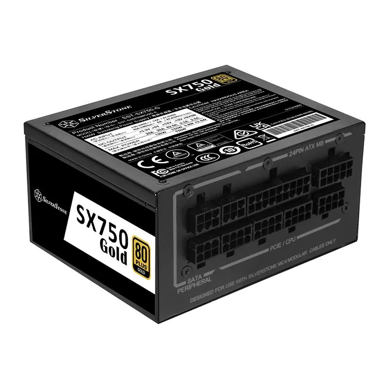 SilverStone SFX power supply, compact cube, matte black finish, 92mm fan grille visible