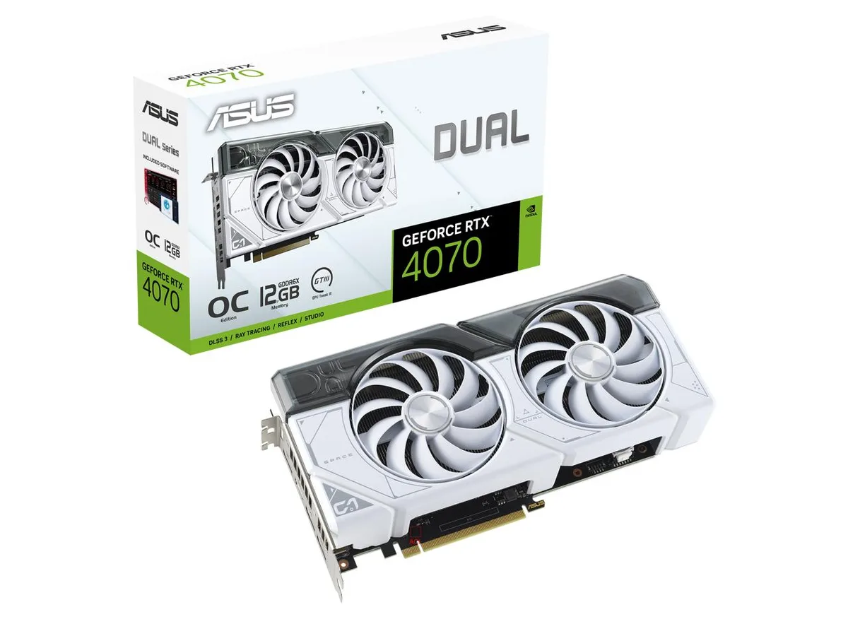 White dual-fan graphics card with silver backplate, 2.56-slot thickness