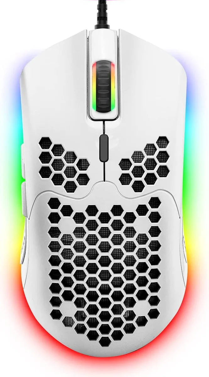 White wired gaming mouse with honeycomb shell and RGB lighting