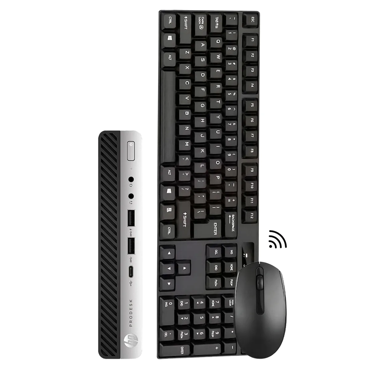 Compact black and silver mini desktop with wireless keyboard and mouse